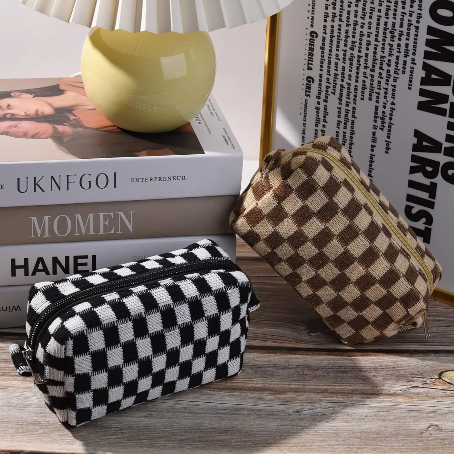 2 Pieces Checkered Cosmetic Travel Bags - Cute Makeup Pouch Organizers With Brush Storage for Women