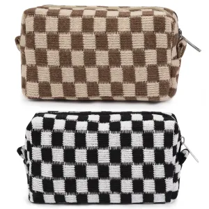 2 Pieces Checkered Cosmetic Travel Bags - Cute Makeup Pouch Organizers With Brush Storage for Women