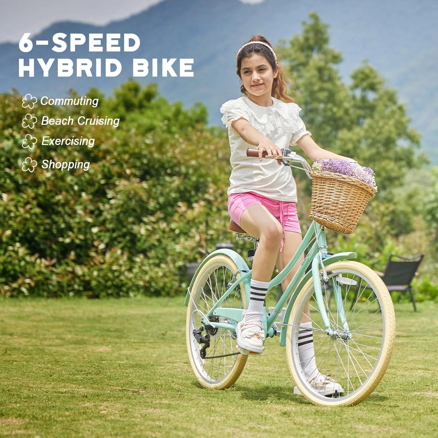 20 24 26 Inch Beach Cruiser Bike, 6-Speed Hybrid City Bicycle for Girls Youth and Over 6 Years Old, Missy Bike with Wicker Basket & Lightweight, Multiple Colors