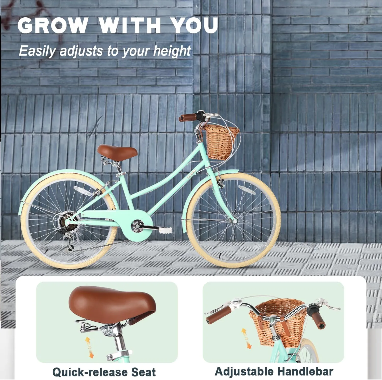 20 24 26 Inch Beach Cruiser Bike, 6-Speed Hybrid City Bicycle for Girls Youth and Over 6 Years Old, Missy Bike with Wicker Basket & Lightweight, Multiple Colors