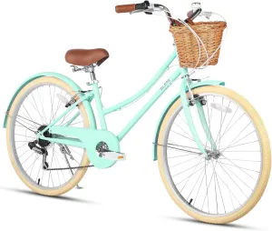 20 24 26 Inch Beach Cruiser Bike, 6-Speed Hybrid City Bicycle for Girls Youth and Over 6 Years Old, Missy Bike with Wicker Basket & Lightweight, Multiple Colors