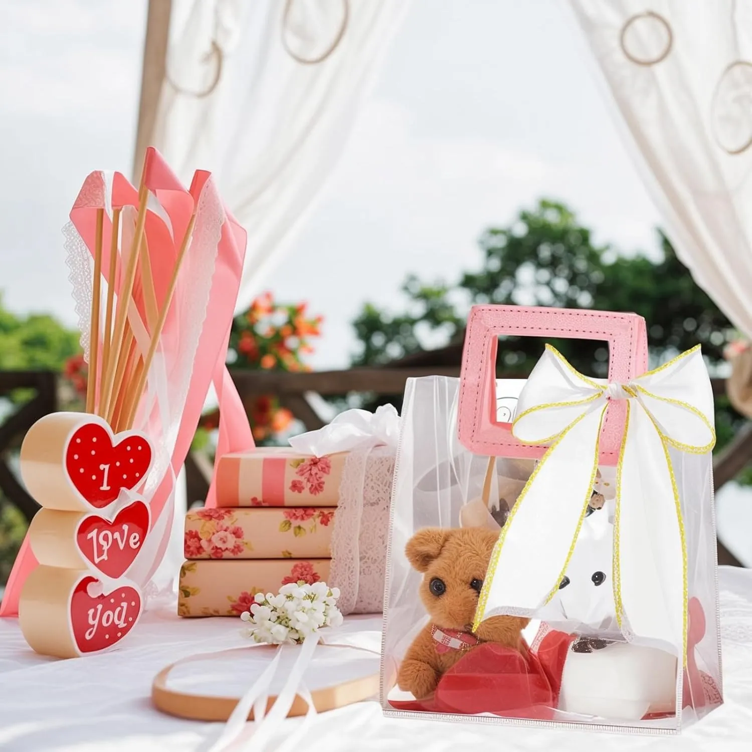 24 PCS Clear PVC Gift Bags with Handles & Fishtail Ribbon - Reusable Heavy Duty Party Favor Bags Transparent Plastic Gift Wrap Tote Bag Bulk for Weddings, Birthdays, Baby Showers, 7x8x4" (Pink)