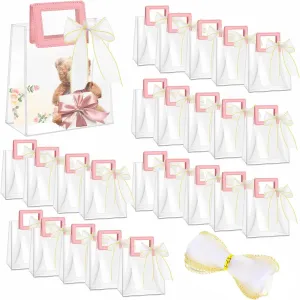24 PCS Clear PVC Gift Bags with Handles & Fishtail Ribbon - Reusable Heavy Duty Party Favor Bags Transparent Plastic Gift Wrap Tote Bag Bulk for Weddings, Birthdays, Baby Showers, 7x8x4" (Pink)