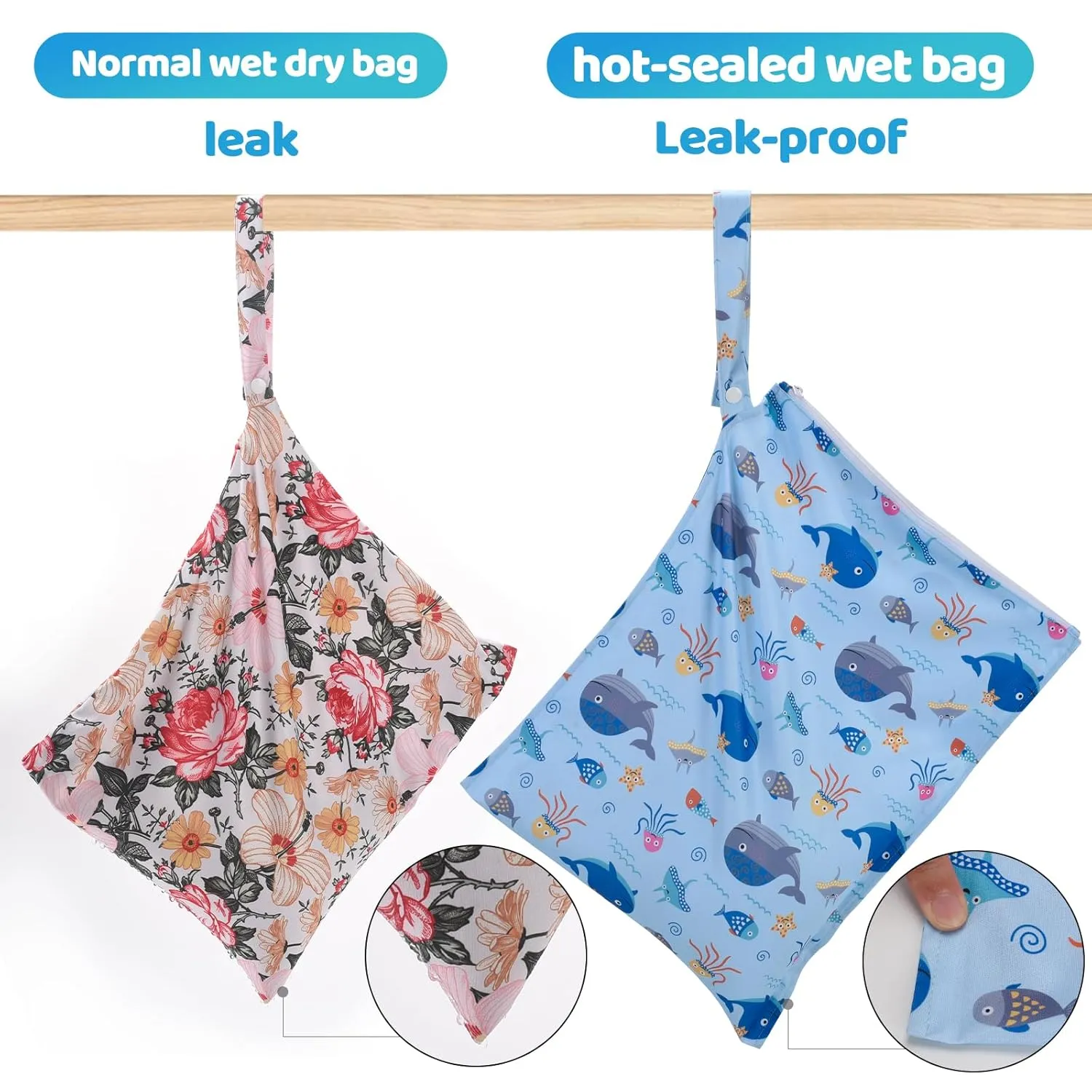 2pcs Cloth Diaper Mess-proof Wet Bags,Waterproof Reusabel Travel Storage Stroller Daycare Soiled Baby Items Beach Pool Yoga Gym Bag for Wet Toddler Swimsuits -Dolphin,Blue