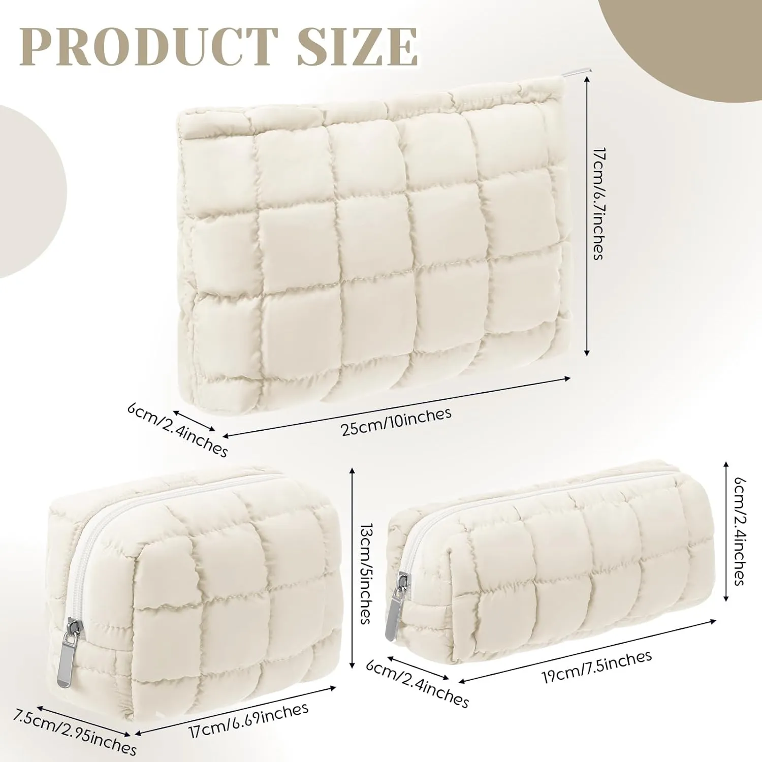 3 Pcs Puffy Makeup Bag Quilted Cosmetic Pouch for Women Cute Checkered Travel Toiletry Bag Puffer Makeup Organizer Purse Pouch Preppy Pencil Case with Zipper