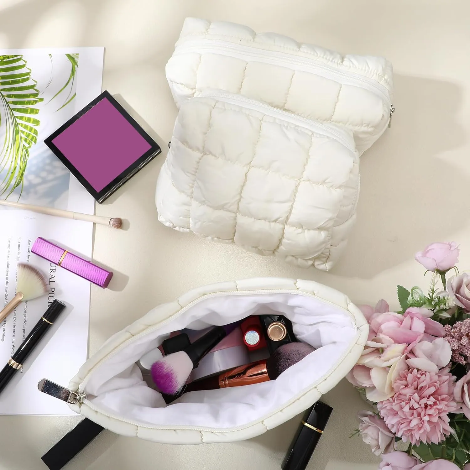 3 Pcs Puffy Makeup Bag Quilted Cosmetic Pouch for Women Cute Checkered Travel Toiletry Bag Puffer Makeup Organizer Purse Pouch Preppy Pencil Case with Zipper