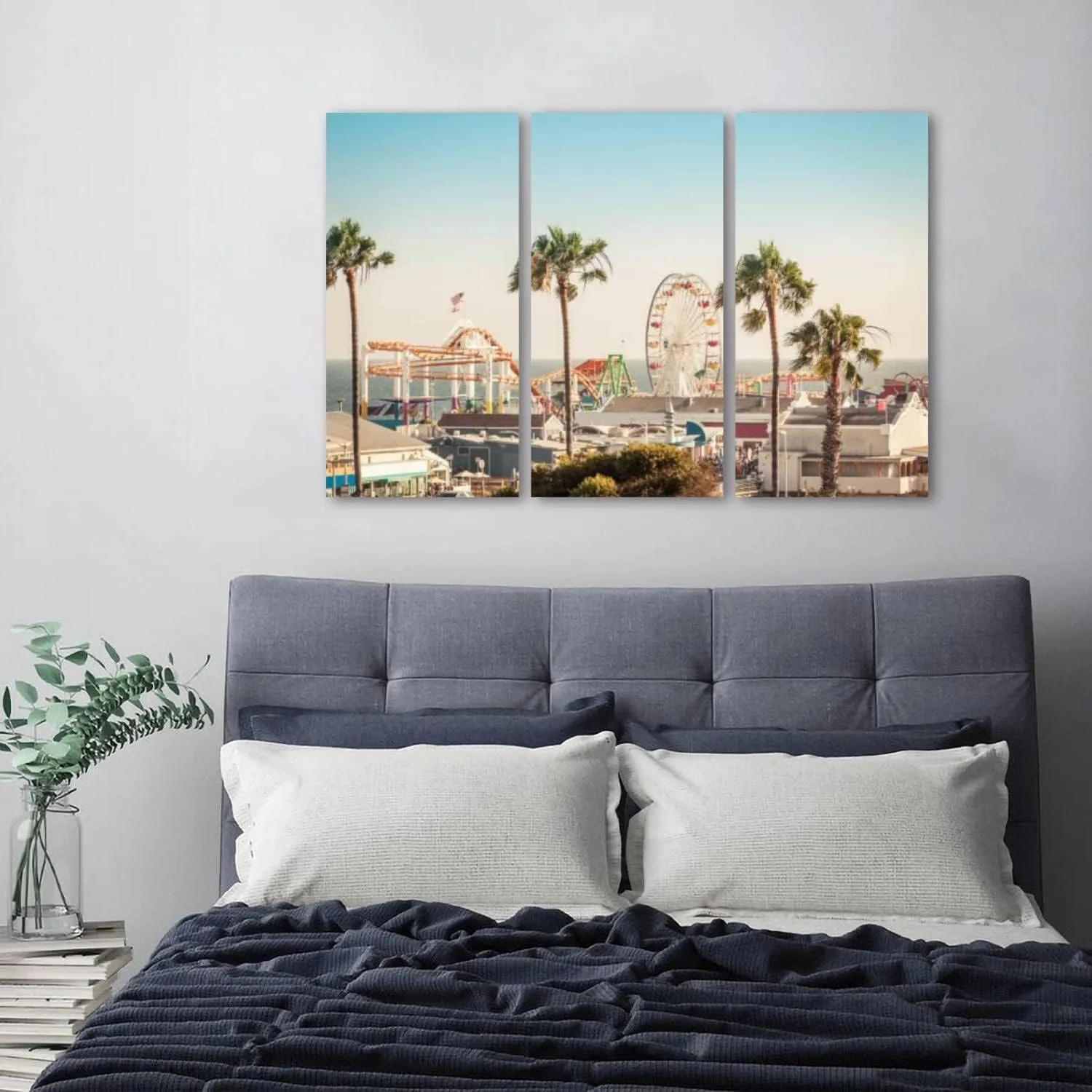 3 Piece Canvas Wall Art Prints Pictures Famous amusement park ferris wheeil Santa Monica Stretched & Framed Modern Wall Painting Home Decor for Living Room Bedroom Ready to Hang