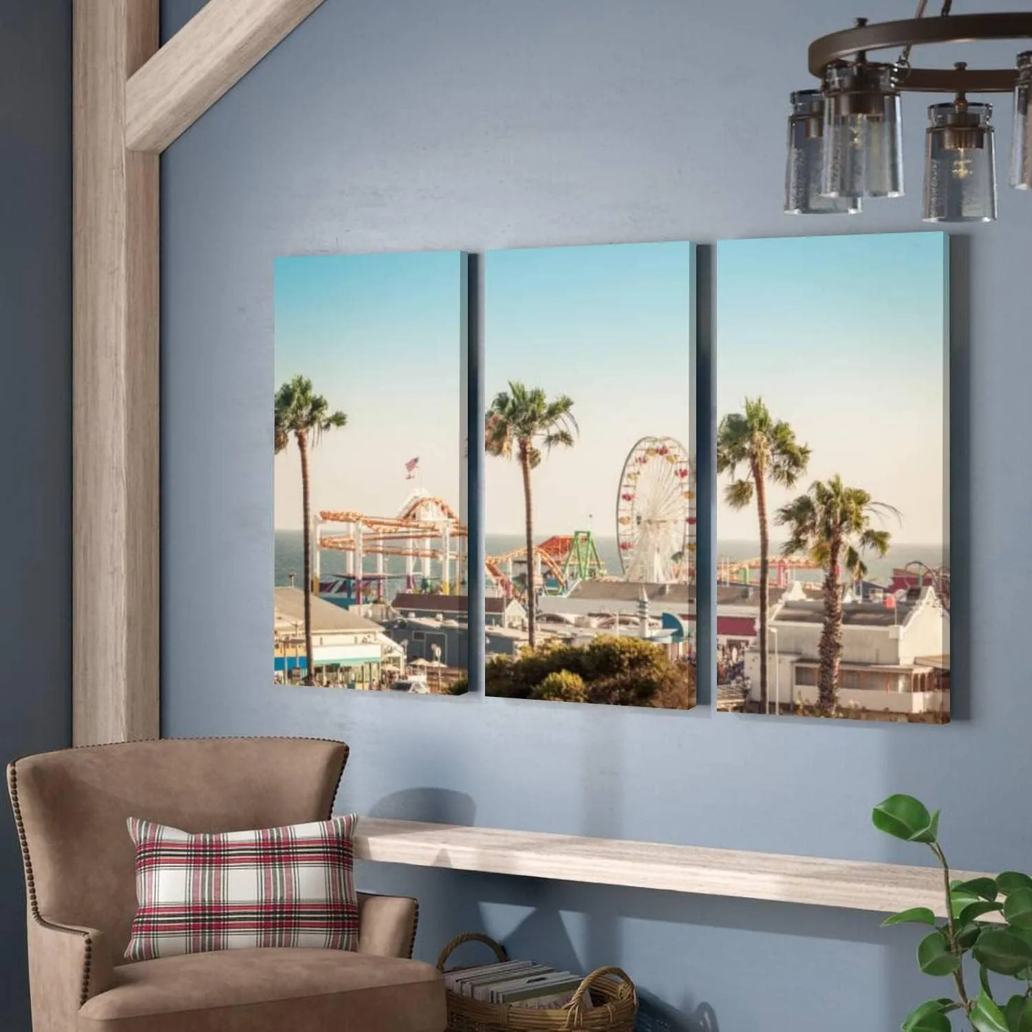 3 Piece Canvas Wall Art Prints Pictures Famous amusement park ferris wheeil Santa Monica Stretched & Framed Modern Wall Painting Home Decor for Living Room Bedroom Ready to Hang