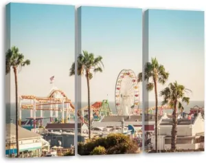 3 Piece Canvas Wall Art Prints Pictures Famous amusement park ferris wheeil Santa Monica Stretched & Framed Modern Wall Painting Home Decor for Living Room Bedroom Ready to Hang