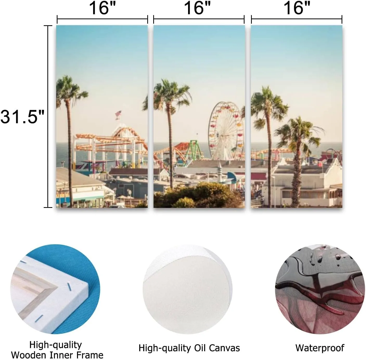 3 Piece Canvas Wall Art Prints Pictures Famous amusement park ferris wheeil Santa Monica Stretched & Framed Modern Wall Painting Home Decor for Living Room Bedroom Ready to Hang