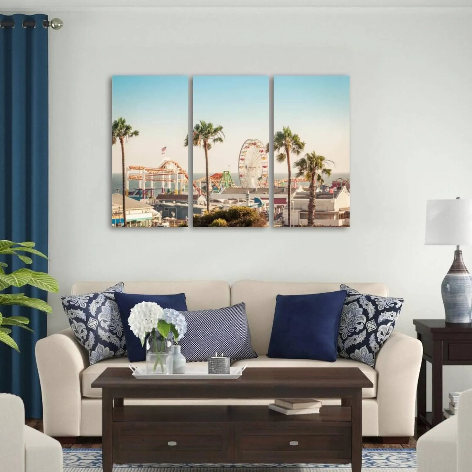 3 Piece Canvas Wall Art Prints Pictures Famous amusement park ferris wheeil Santa Monica Stretched & Framed Modern Wall Painting Home Decor for Living Room Bedroom Ready to Hang