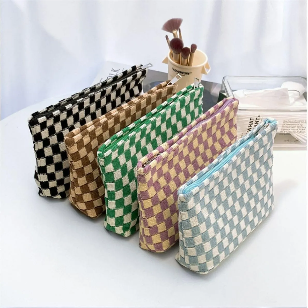 3 Pieces Makeup Bag Large Small Checkered Cosmetic Bag Capacity Canvas Travel Toiletry Bag Organizer Cute Makeup Brushes Aesthetic Accessories Storage Bag for Women (Green)