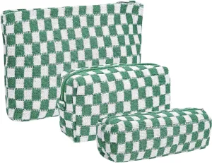 3 Pieces Makeup Bag Large Small Checkered Cosmetic Bag Capacity Canvas Travel Toiletry Bag Organizer Cute Makeup Brushes Aesthetic Accessories Storage Bag for Women (Green)