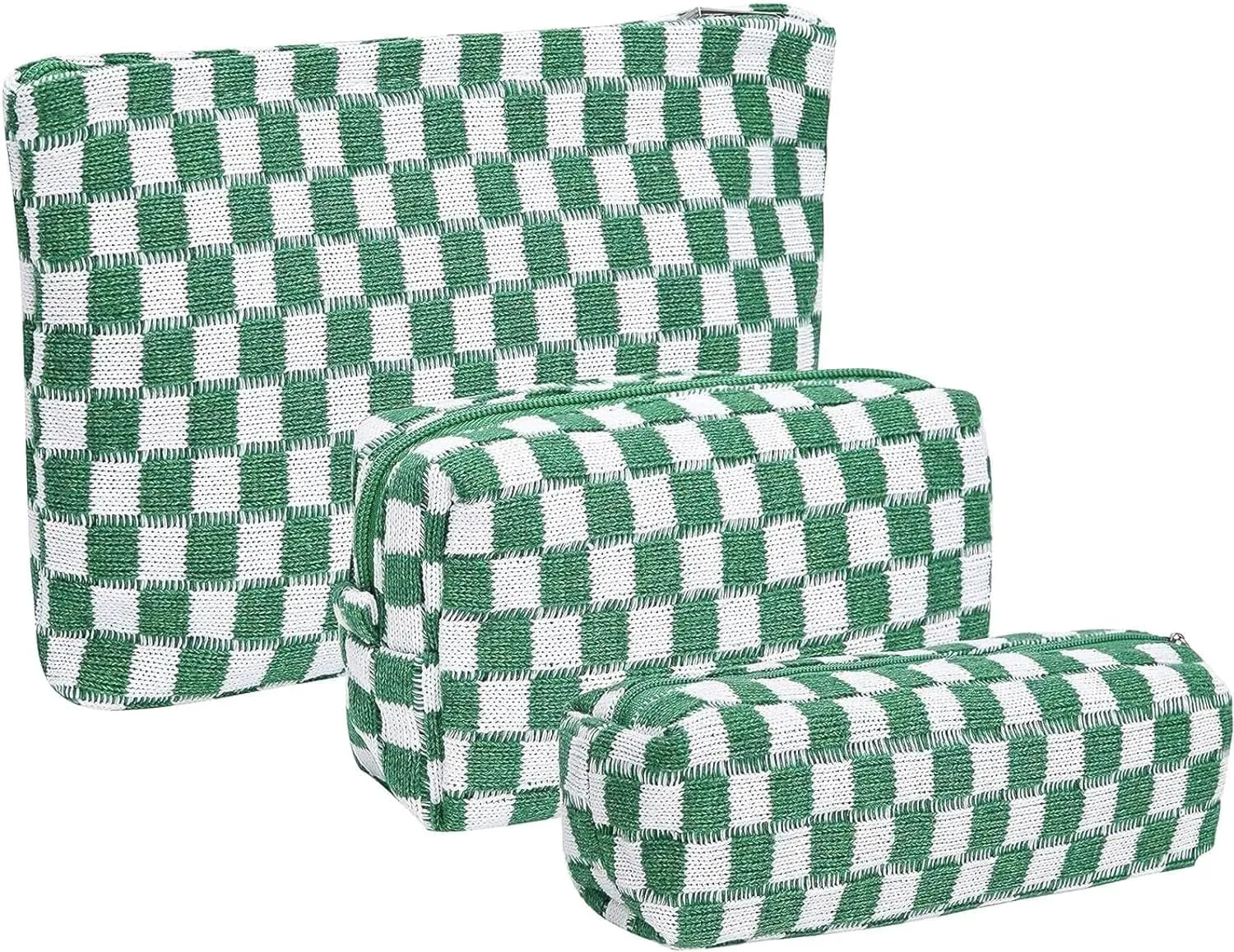 3 Pieces Makeup Bag Large Small Checkered Cosmetic Bag Capacity Canvas Travel Toiletry Bag Organizer Cute Makeup Brushes Aesthetic Accessories Storage Bag for Women (Green)