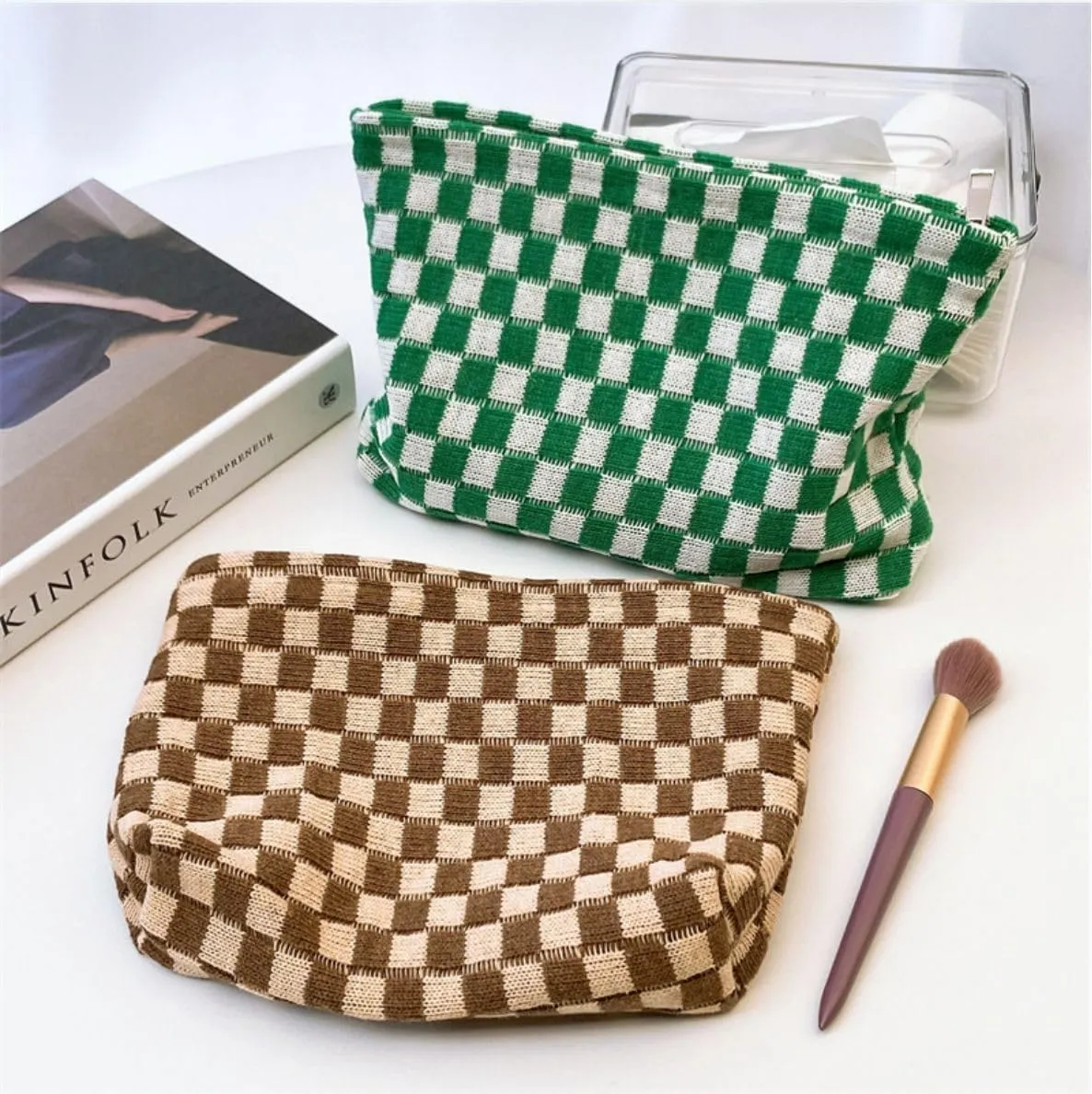 3 Pieces Makeup Bag Large Small Checkered Cosmetic Bag Capacity Canvas Travel Toiletry Bag Organizer Cute Makeup Brushes Aesthetic Accessories Storage Bag for Women (Green)