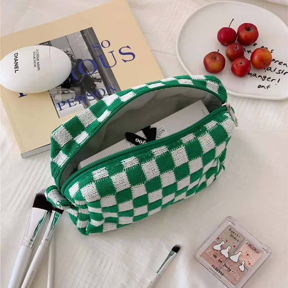 3 Pieces Makeup Bag Large Small Checkered Cosmetic Bag Capacity Canvas Travel Toiletry Bag Organizer Cute Makeup Brushes Aesthetic Accessories Storage Bag for Women (Green)