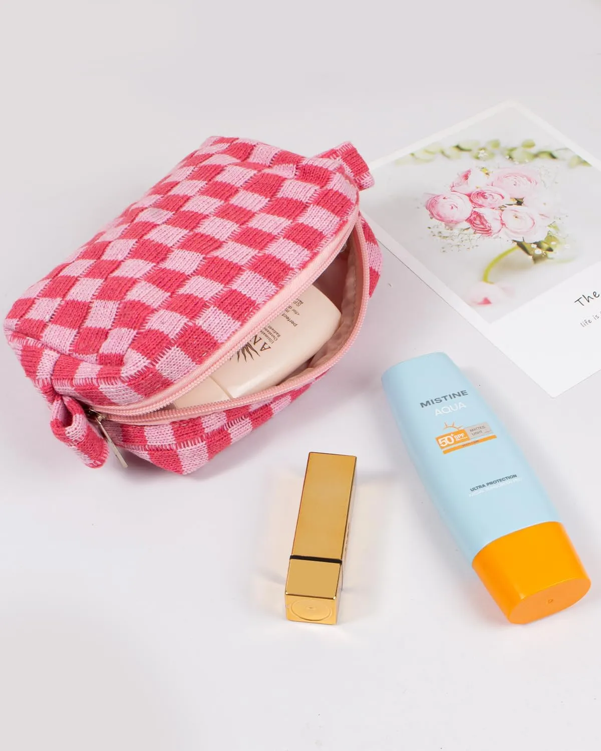 3 Pieces Makeup Bag Large Small Checkered Cosmetic Bag Capacity Canvas Travel Toiletry Bag Organizer Cute Makeup Brushes Aesthetic Accessories Storage Bag for Women (Pink)