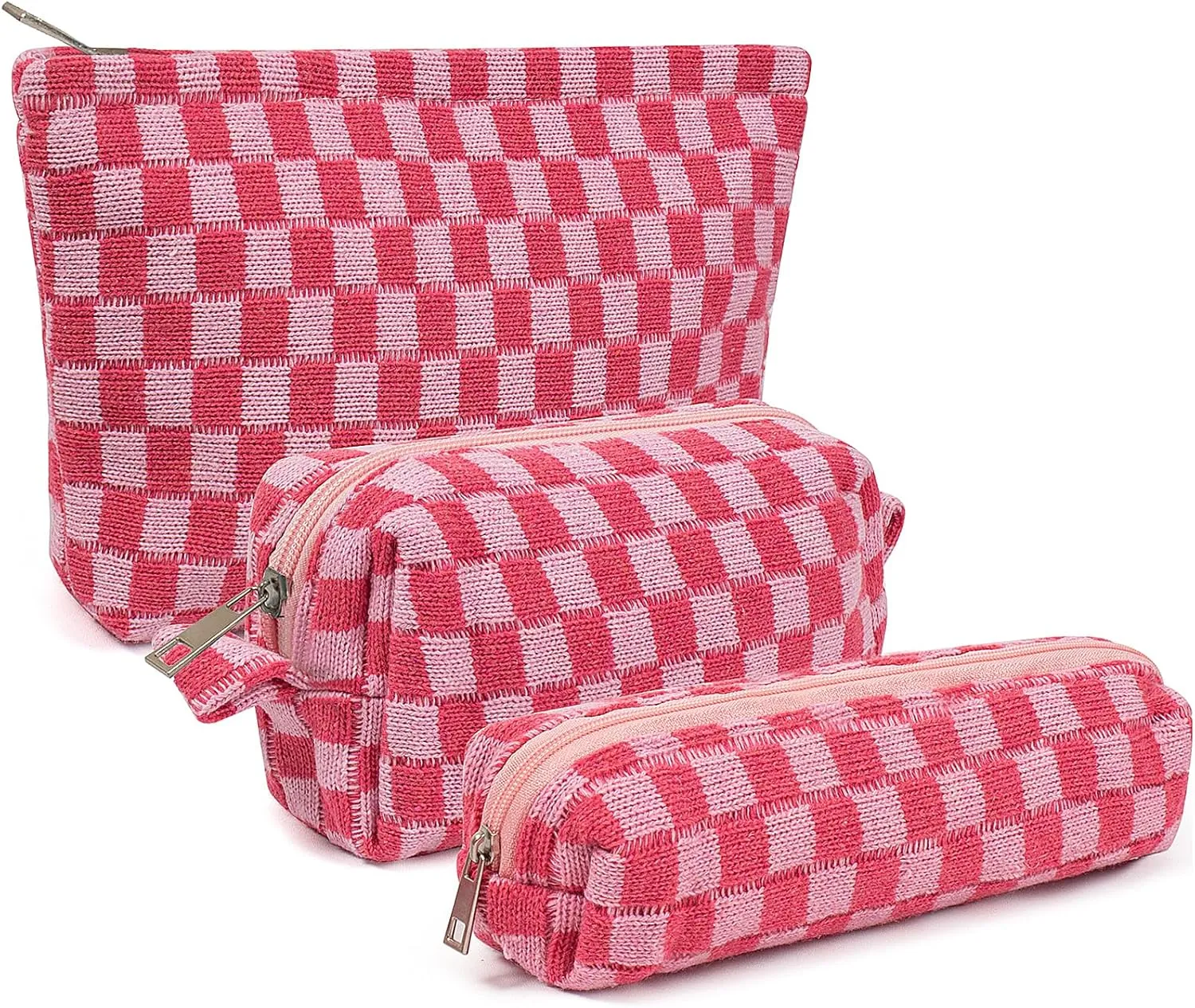 3 Pieces Makeup Bag Large Small Checkered Cosmetic Bag Capacity Canvas Travel Toiletry Bag Organizer Cute Makeup Brushes Aesthetic Accessories Storage Bag for Women (Pink)