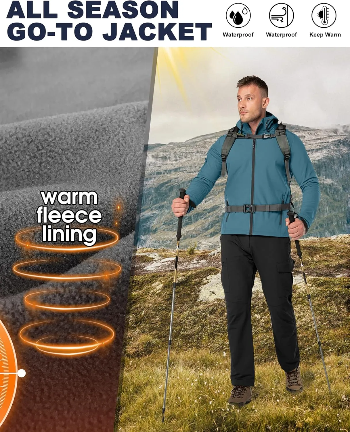 33,000ft Men's Hooded Softshell Jacket Waterproof Lightweight Insulated Windbreaker Fleece Lined Rain Shell Jacket