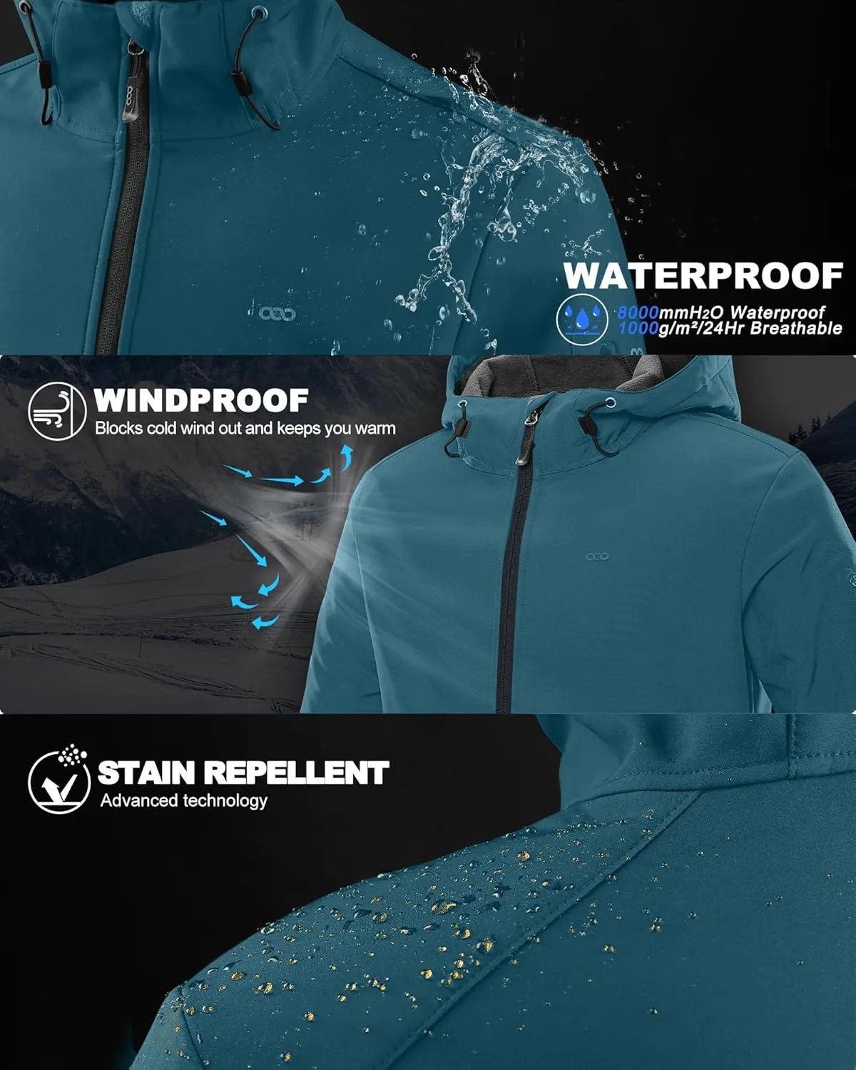 33,000ft Men's Hooded Softshell Jacket Waterproof Lightweight Insulated Windbreaker Fleece Lined Rain Shell Jacket