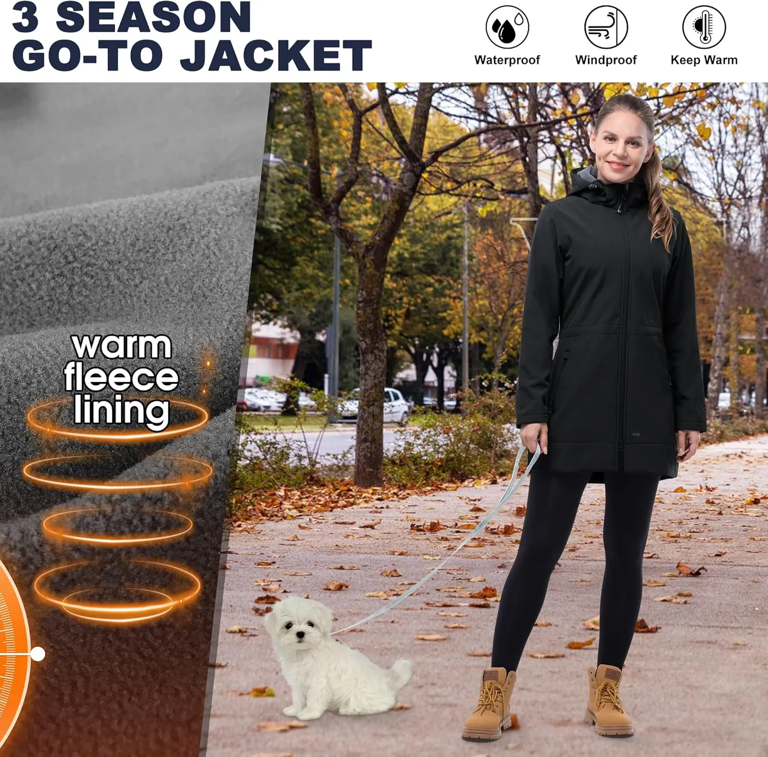 33,000ft Women's Waterproof Softshell Long Rain Jacket with Hood Fleece Lined Windproof Windbreaker