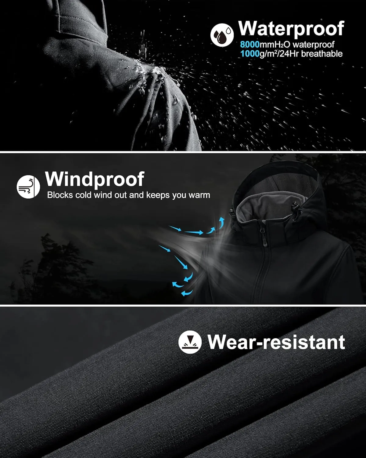 33,000ft Women's Waterproof Softshell Long Rain Jacket with Hood Fleece Lined Windproof Windbreaker