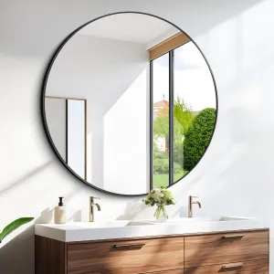 39" Large Black Round Mirror, Oversized Wall Mounted Bathroom Metal Framed Circle Mirror, Modern Vanity Circular Mirrors for Wall, Over Sink, Living Room, Bedroom Decor