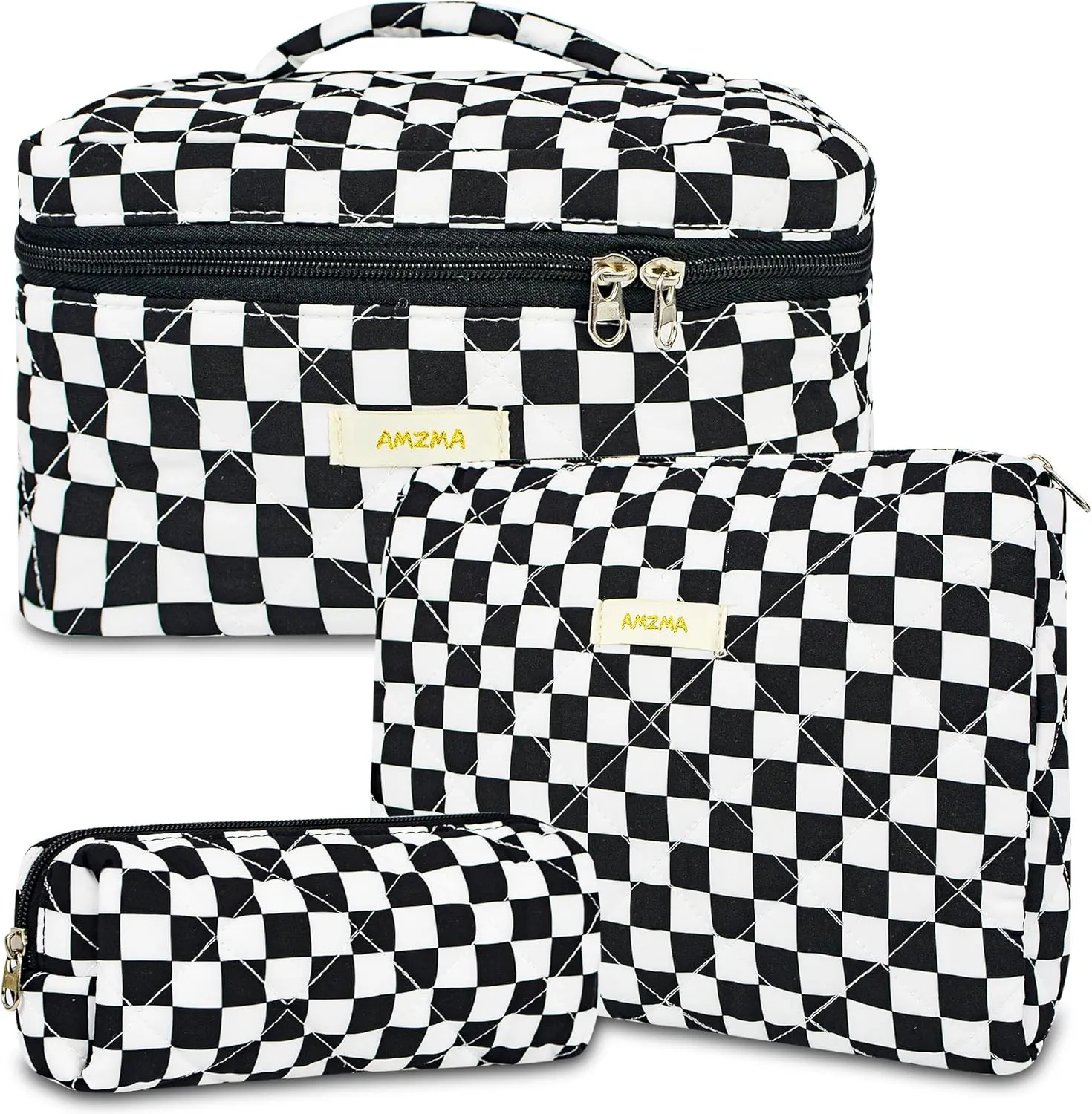 3Pcs Checkered Makeup Bag Quilted Travel Cosmetic Bag Organizer Coquette Toiletry Bag Make Up Bags for Women Girls