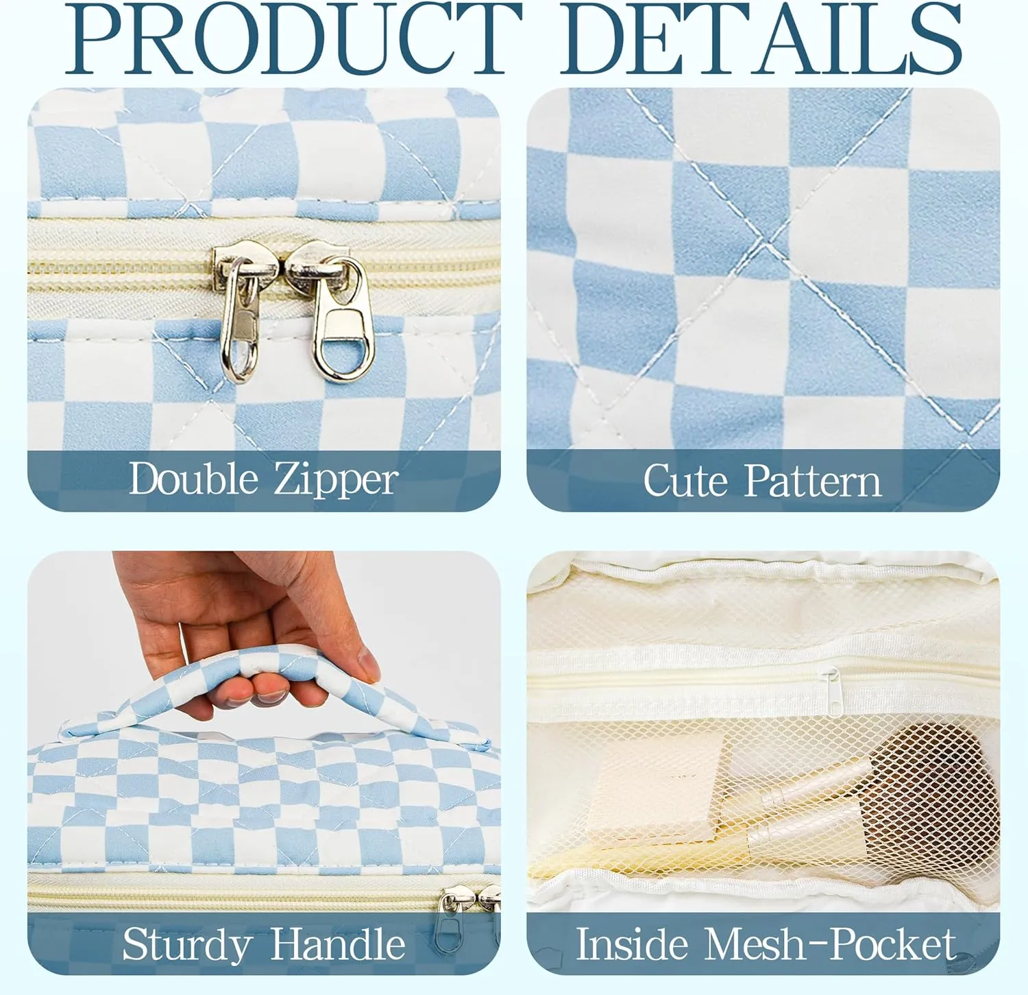3Pcs Checkered Makeup Bag Quilted Travel Cosmetic Bag Organizer Coquette Toiletry Bag Make Up Bags for Women Girls