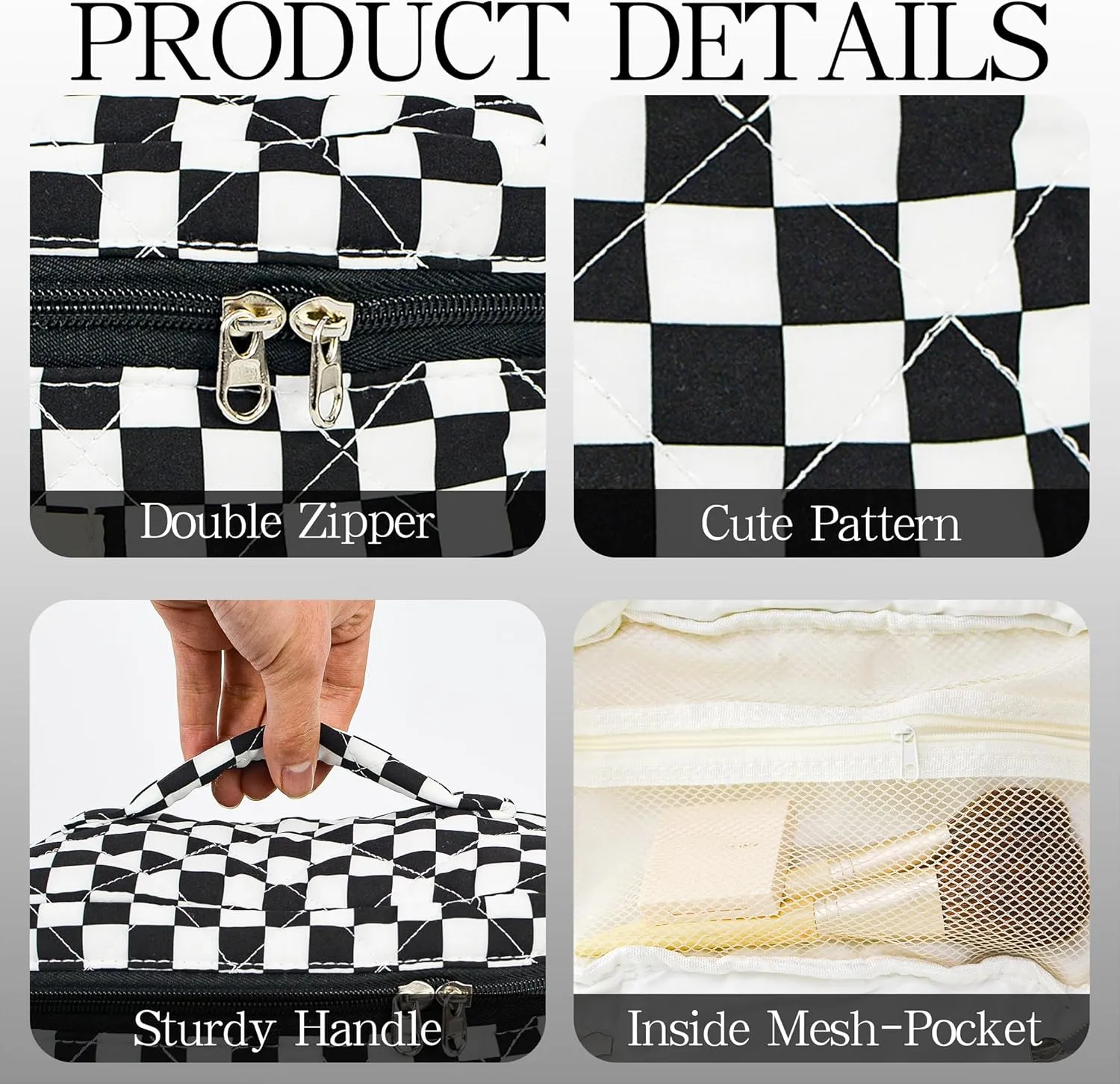 3Pcs Checkered Makeup Bag Quilted Travel Cosmetic Bag Organizer Coquette Toiletry Bag Make Up Bags for Women Girls