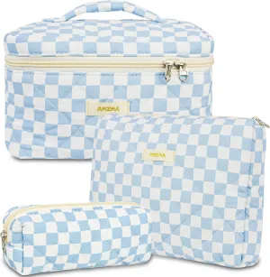 3Pcs Checkered Makeup Bag Quilted Travel Cosmetic Bag Organizer Coquette Toiletry Bag Make Up Bags for Women Girls