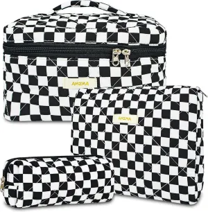 3Pcs Checkered Makeup Bag Quilted Travel Cosmetic Bag Organizer Coquette Toiletry Bag Make Up Bags for Women Girls