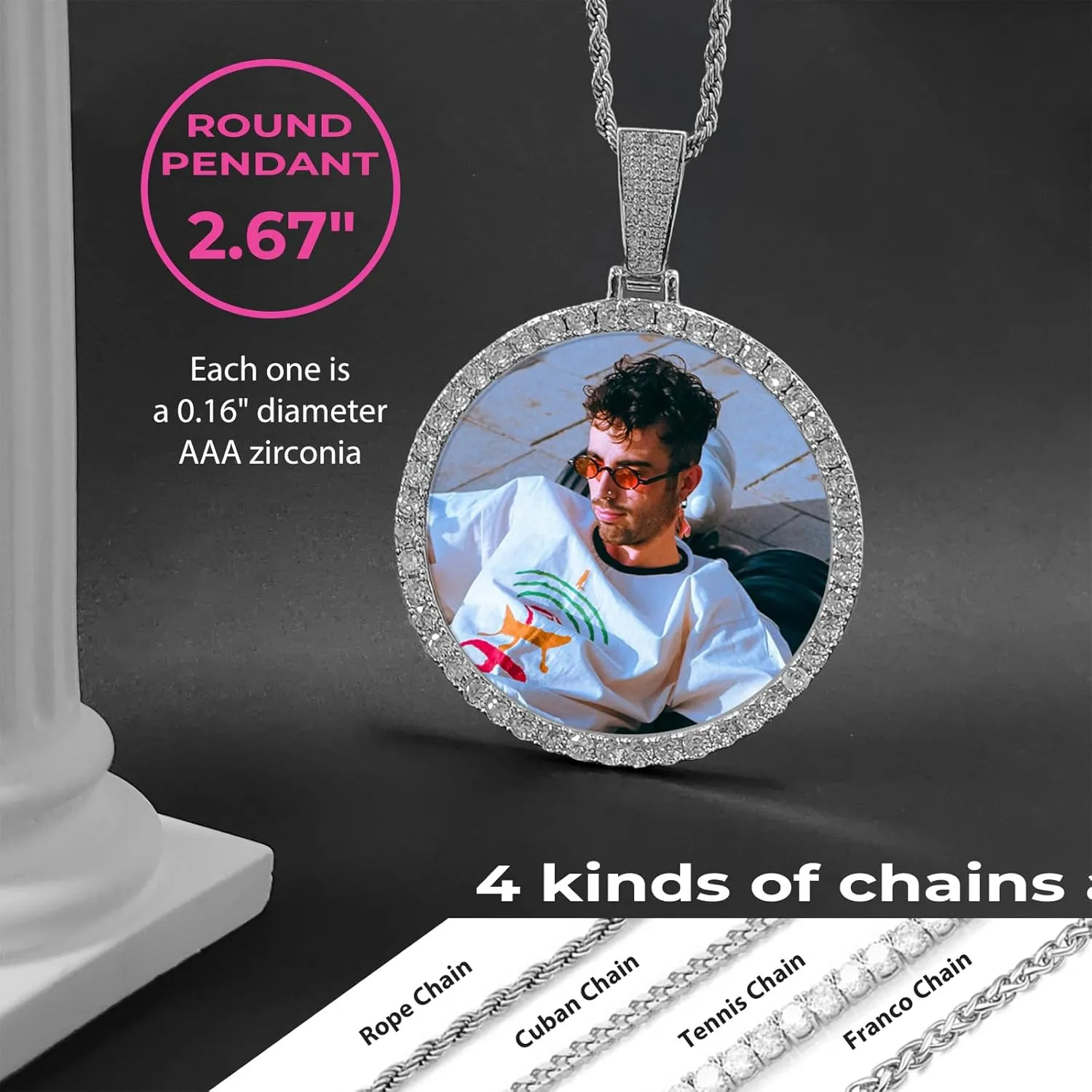 3UMeter Personalized Large Photo Necklace Custom Chain with Picture Pendant Necklace for Men Women Oversize Pendant Memorial Necklace with Picture Hip Hop Jewelry Personalized Gift