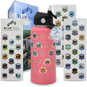 50 States Water Bottle with Stickers - 32 oz Insulated Stainless Steel, Upgraded Leak-Proof Lid, UV & Waterproof Permanent Stickers, Laser Engraved 50 States of the USA (Coral Crush)