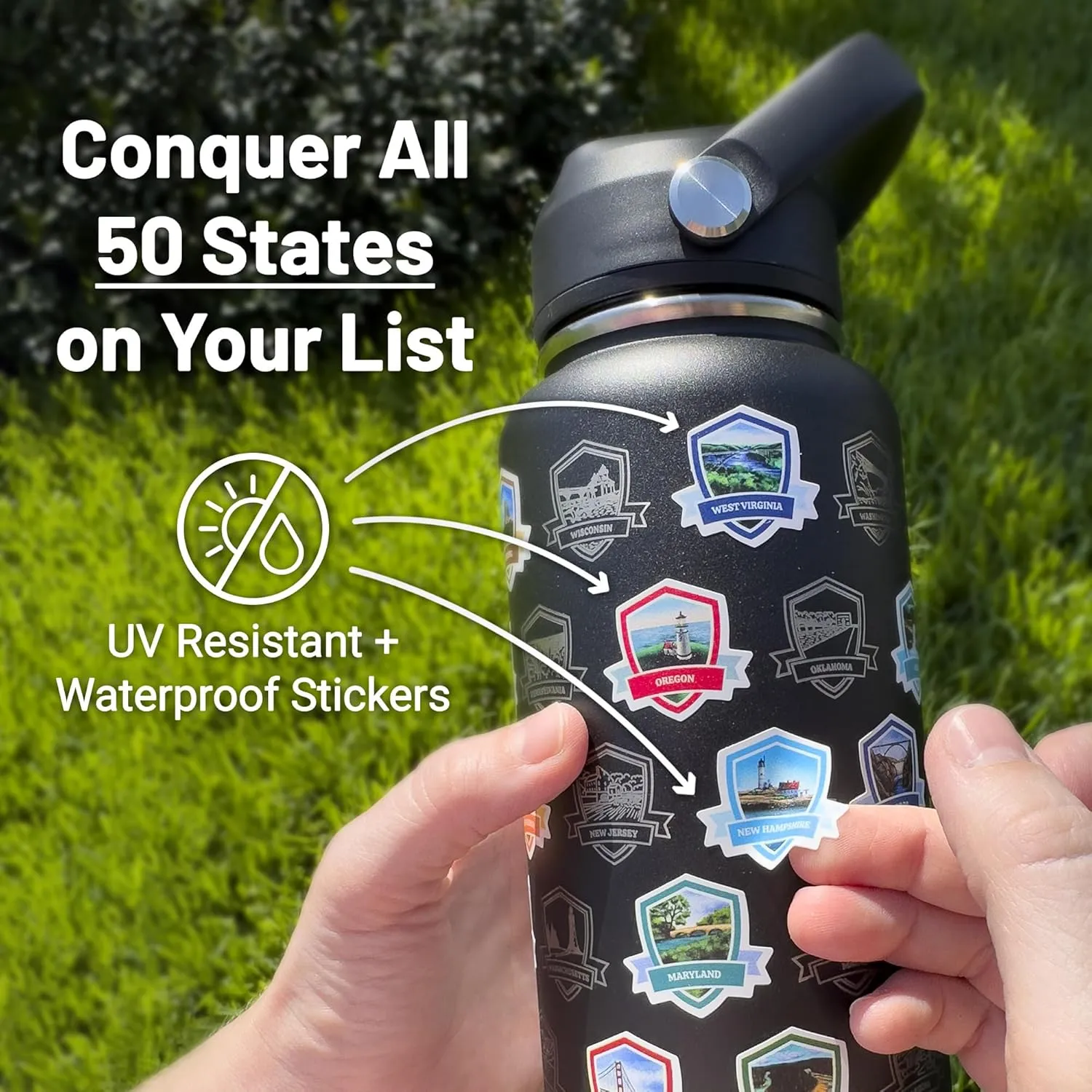 50 States Water Bottle with Stickers - 32 oz Insulated Stainless Steel, Upgraded Leak-Proof Lid, UV & Waterproof Permanent Stickers, Laser Engraved 50 States of the USA (Coral Crush)