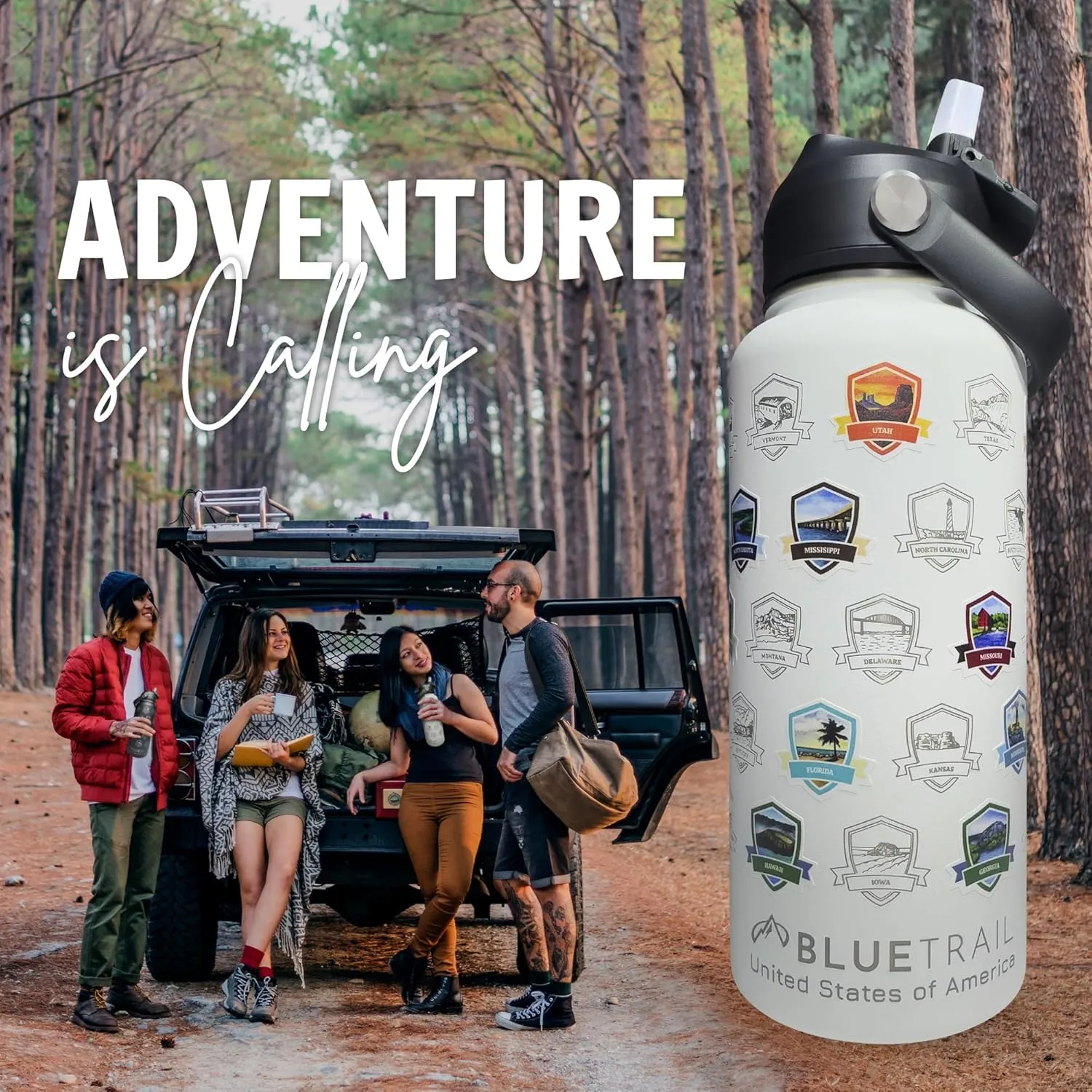 50 States Water Bottle with Stickers - 32 oz Insulated Stainless Steel, Upgraded Leak-Proof Lid, UV & Waterproof Permanent Stickers, Laser Engraved 50 States of the USA (Coral Crush)