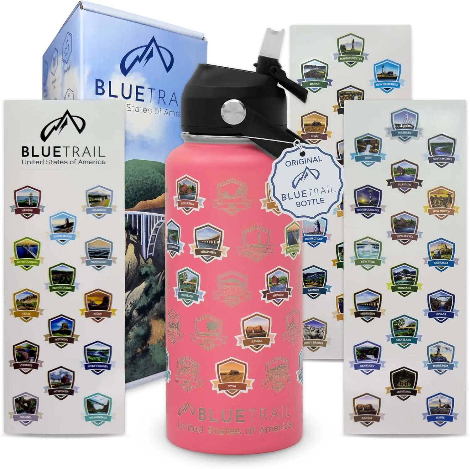 50 States Water Bottle with Stickers - 32 oz Insulated Stainless Steel, Upgraded Leak-Proof Lid, UV & Waterproof Permanent Stickers, Laser Engraved 50 States of the USA (Coral Crush)