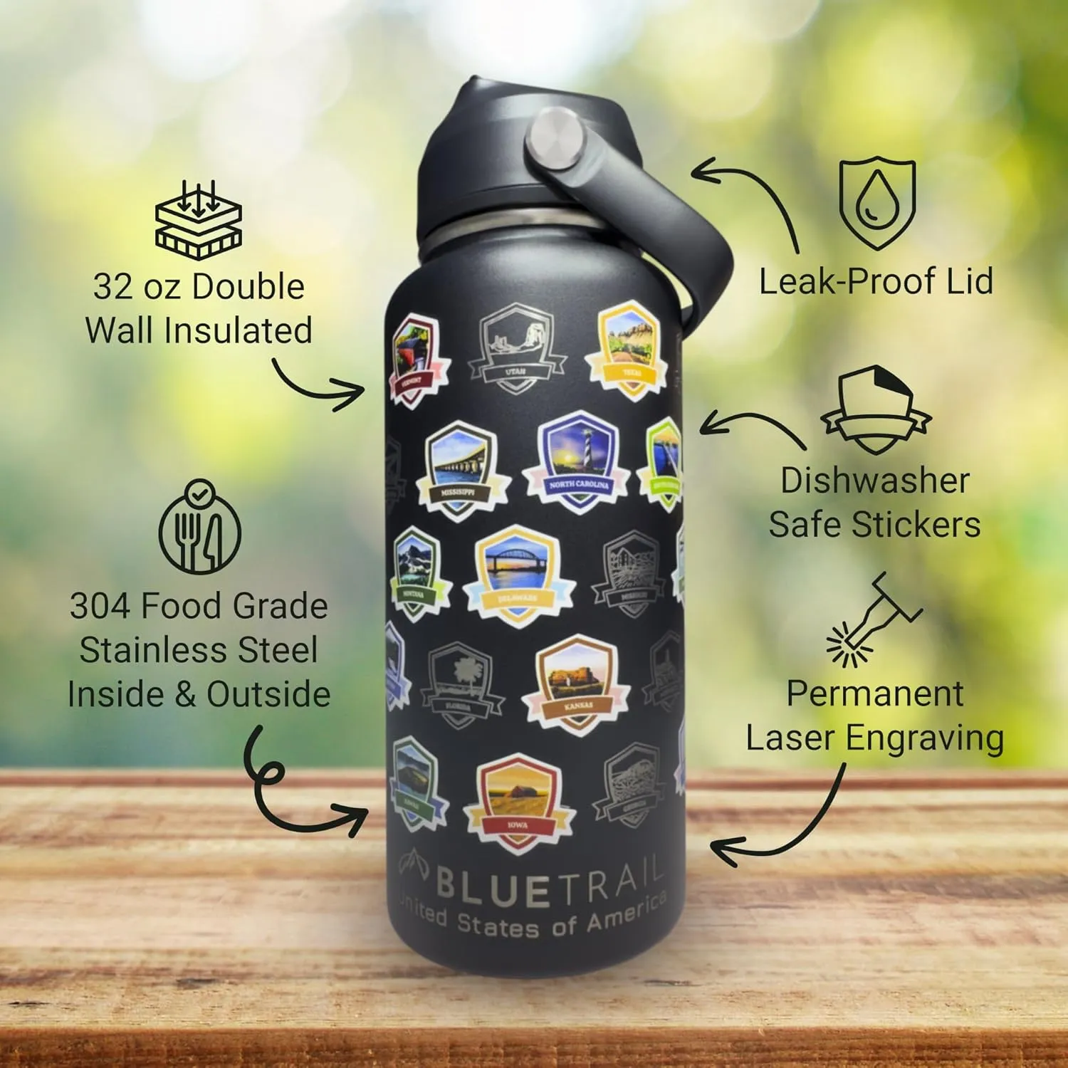 50 States Water Bottle with Stickers - 32 oz Insulated Stainless Steel, Upgraded Leak-Proof Lid, UV & Waterproof Permanent Stickers, Laser Engraved 50 States of the USA (Coral Crush)