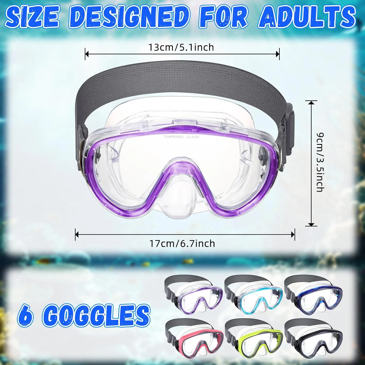 6 Pack Adult Swim Goggles with Nose Cover Snorkel Diving Mask Elastic Strap Tempered Glass Scuba Mask Waterproof Clear Diving Snorkel Goggle for Adult