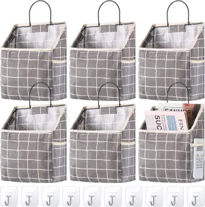6 Pieces Wall Hanging Storage Bag waterproof over the Door Closet Organizer Pocket Hanging Wall Basket with 10 Sticky Hooks Camper Storage Accessories for Inside Bedroom Bathroom(Gray Grid)