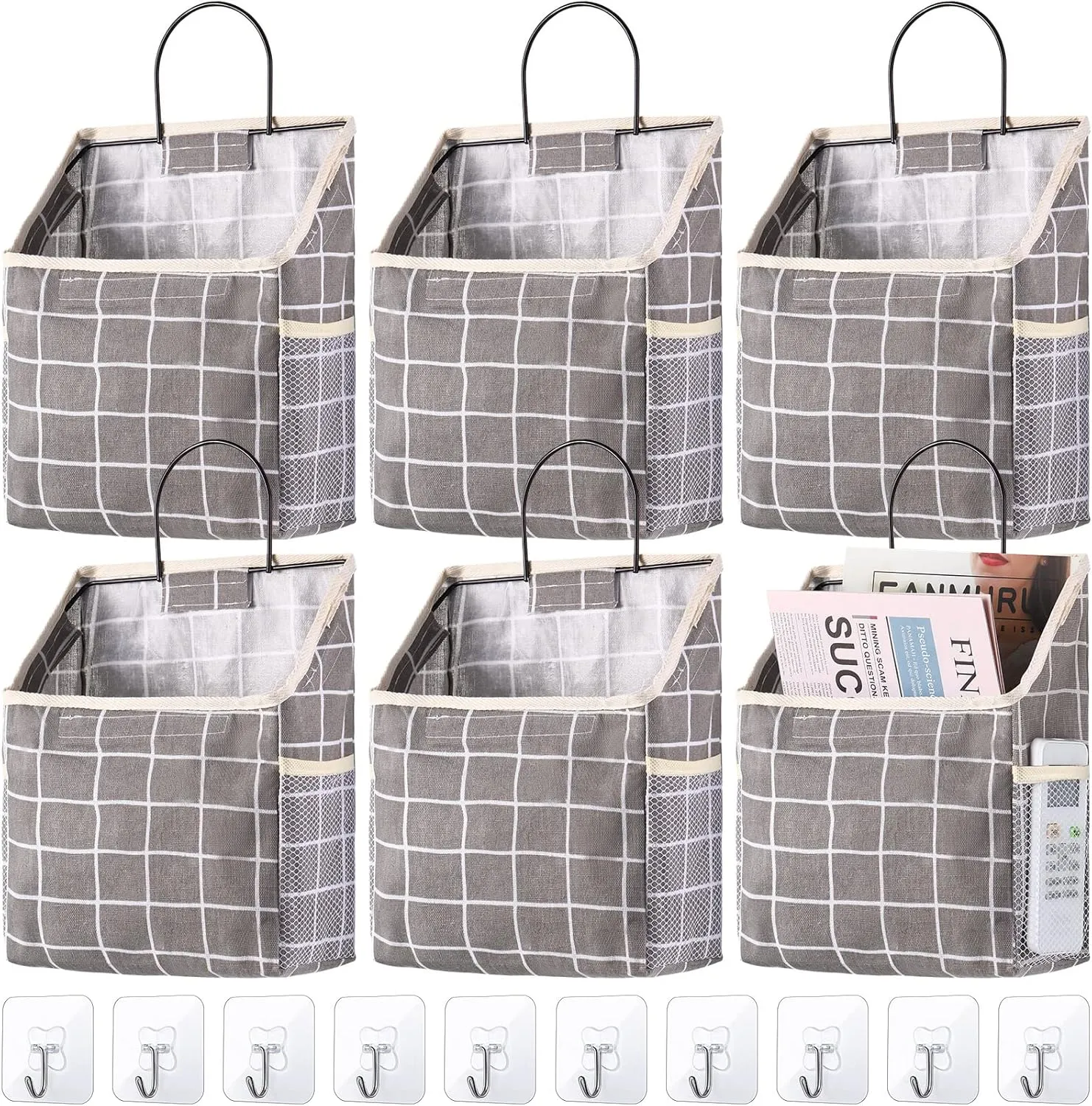 6 Pieces Wall Hanging Storage Bag waterproof over the Door Closet Organizer Pocket Hanging Wall Basket with 10 Sticky Hooks Camper Storage Accessories for Inside Bedroom Bathroom(Gray Grid)