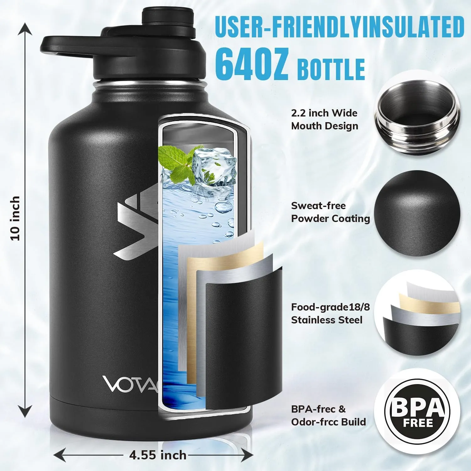 64Oz Tactical Water Bottle - Half Gallon Stainless Steel Insulated Water Bottle, Metal Military Bottle with Rugged, Removable Sleeve Tactical Carrier Bag for Hiking Camping Hunting (CP)