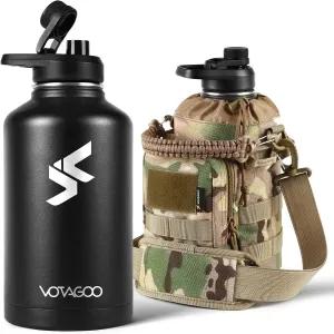 64Oz Tactical Water Bottle - Half Gallon Stainless Steel Insulated Water Bottle, Metal Military Bottle with Rugged, Removable Sleeve Tactical Carrier Bag for Hiking Camping Hunting (CP)