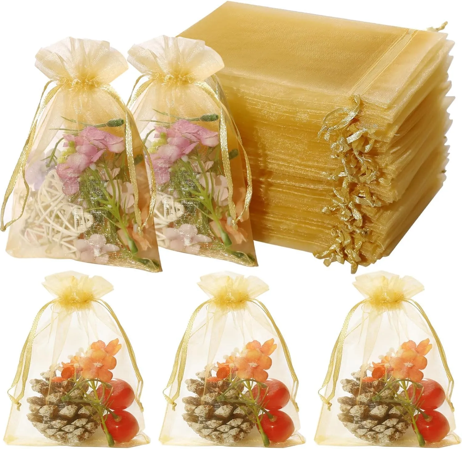7x9 cms | 3x4 inch | Golden Colour | Organza Bags/Shagun Potli/Jewellery Packing/Dry Fruit Pouch Akshada Pouches Return Favour Organza Pouches