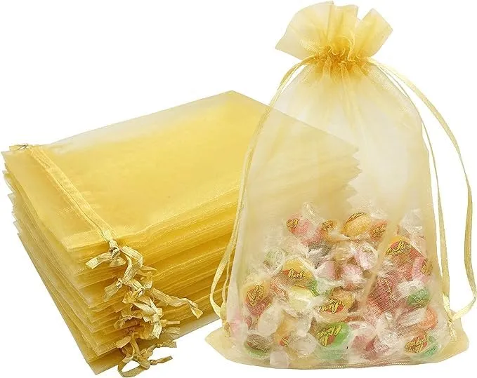 7x9 cms | 3x4 inch | Golden Colour | Organza Bags/Shagun Potli/Jewellery Packing/Dry Fruit Pouch Akshada Pouches Return Favour Organza Pouches