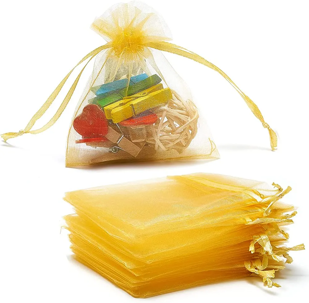7x9 cms | 3x4 inch | Golden Colour | Organza Bags/Shagun Potli/Jewellery Packing/Dry Fruit Pouch Akshada Pouches Return Favour Organza Pouches