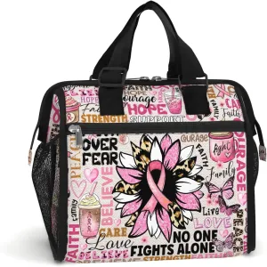 84hoods Breast Cancer Awareness Gift. Large Lunch Box for Women. Insulated Lunch Bag for Work Office Travel Picnic with Adjustable Strap. Support for Survivor, Fighter. Pink Typography.
