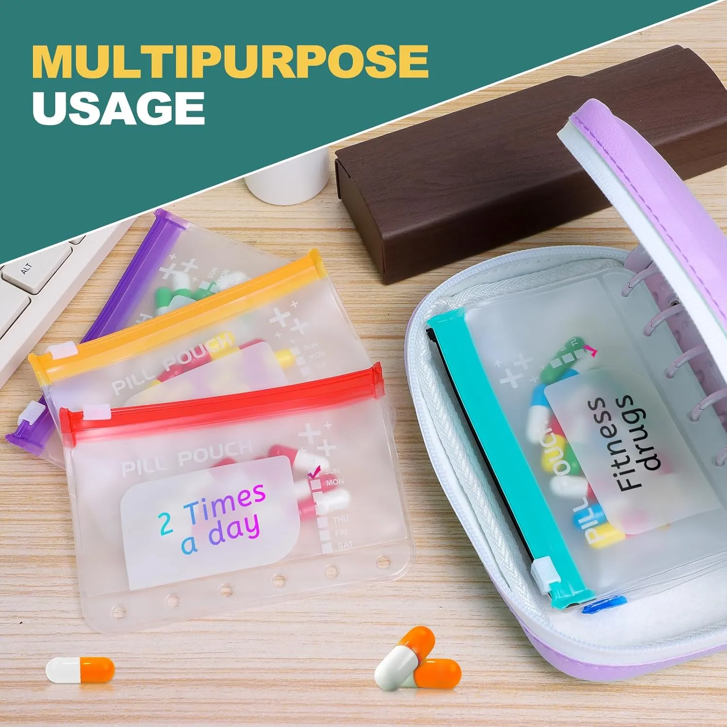 A7-L Timueetech Water-Proof Pill Pouch Set, BPA Free, A7-L Pill Loose-Leaf Storage with Color-Coded Medicine Pouches, Large Reusable Travel Medicine Organizer， Zippered Pill Organizers Weekly