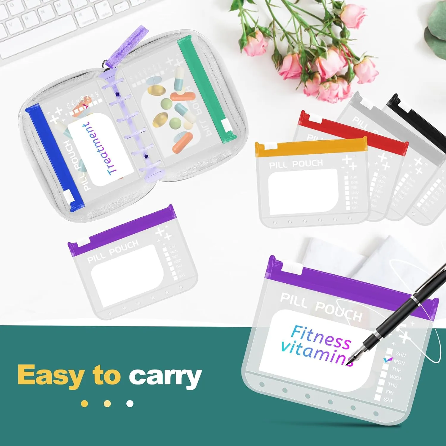 A7-L Timueetech Water-Proof Pill Pouch Set, BPA Free, A7-L Pill Loose-Leaf Storage with Color-Coded Medicine Pouches, Large Reusable Travel Medicine Organizer， Zippered Pill Organizers Weekly