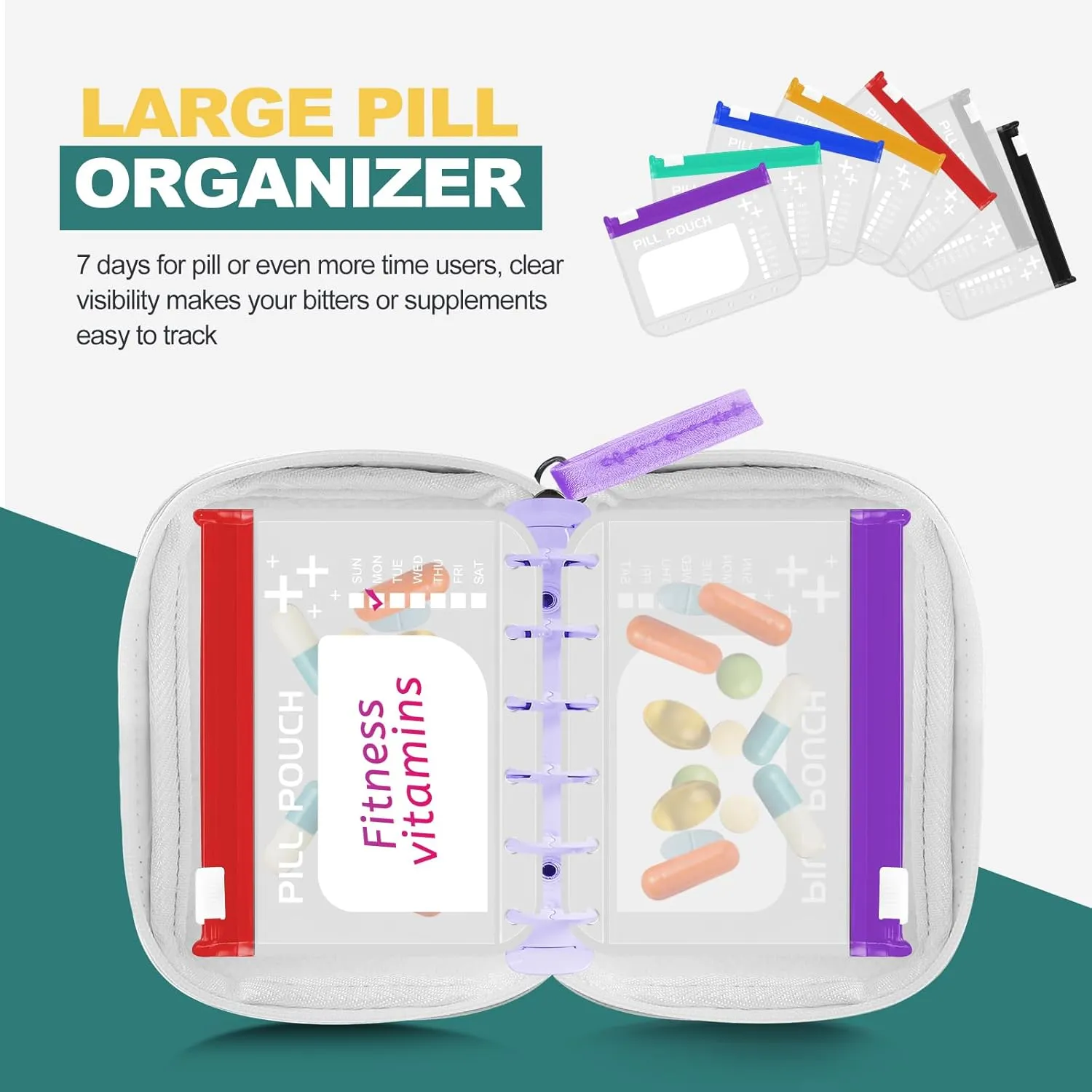 A7-L Timueetech Water-Proof Pill Pouch Set, BPA Free, A7-L Pill Loose-Leaf Storage with Color-Coded Medicine Pouches, Large Reusable Travel Medicine Organizer， Zippered Pill Organizers Weekly
